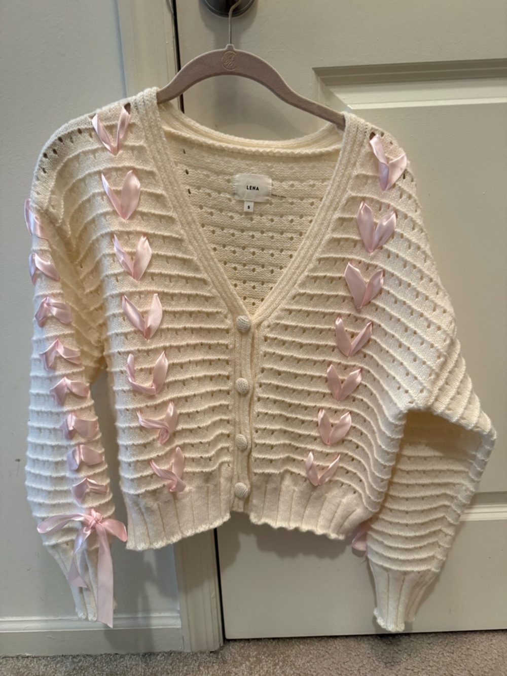 Lena Cream Cardigan with Pale Pink Ribbon Trim